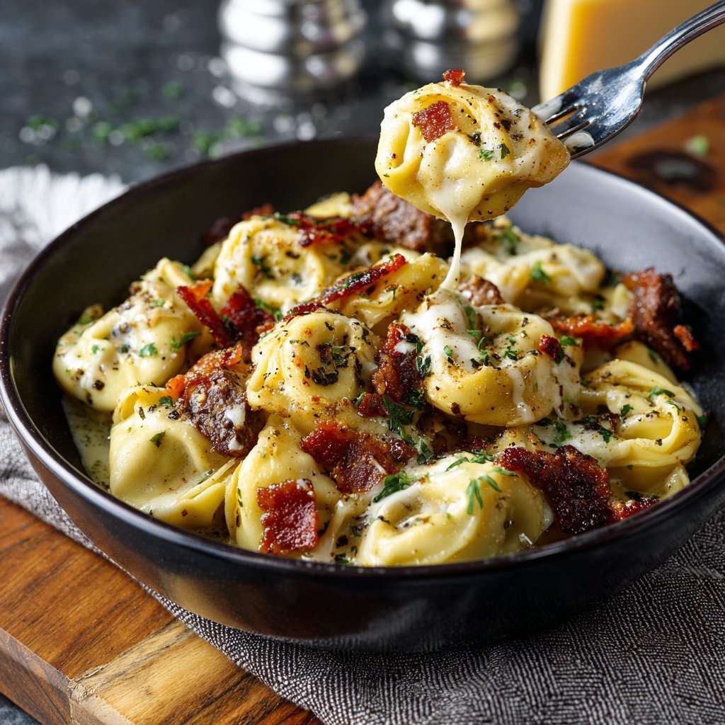 Garlic Steak Tortellini with Crispy Pancetta