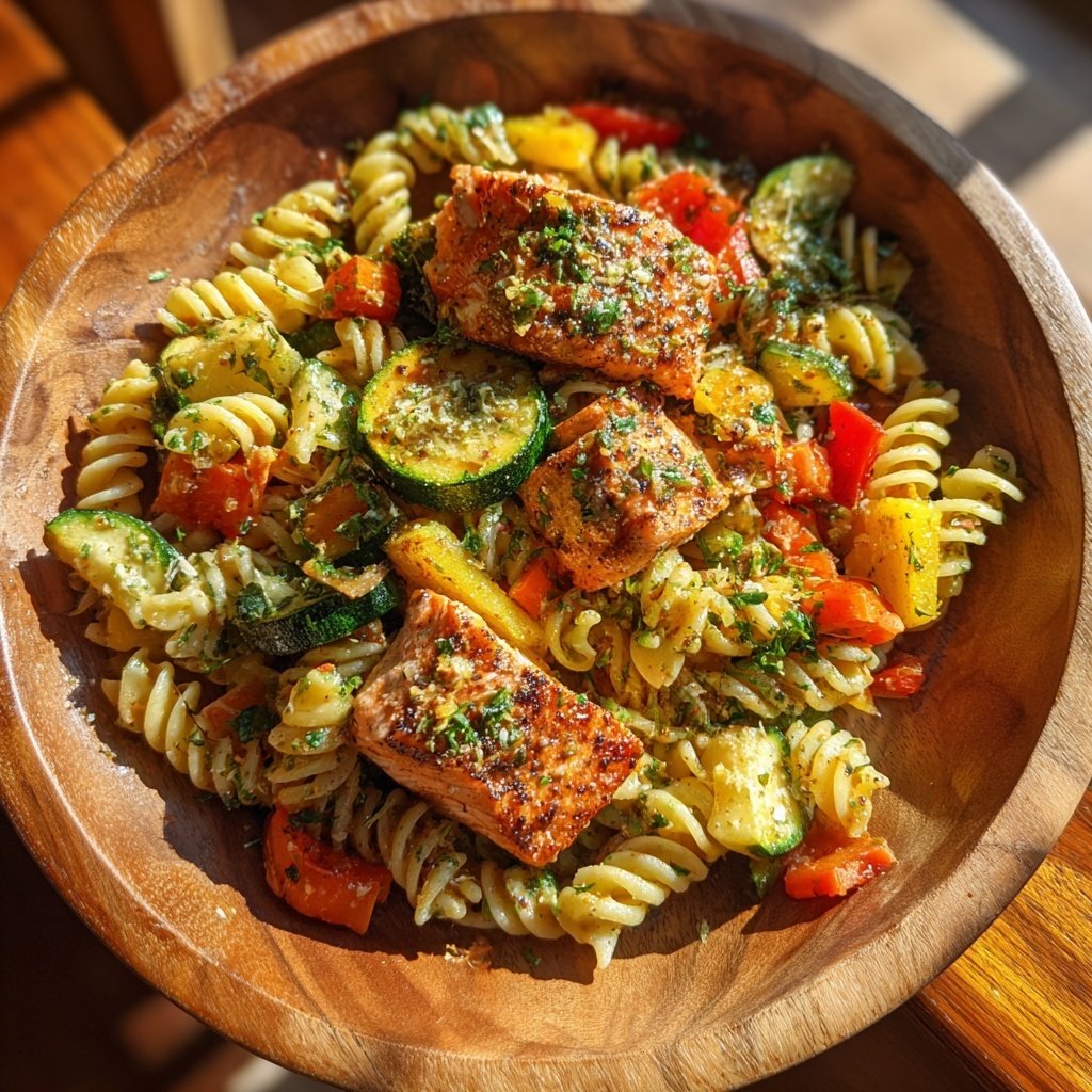 Pasta Primavera with Honey-Citrus Salmon