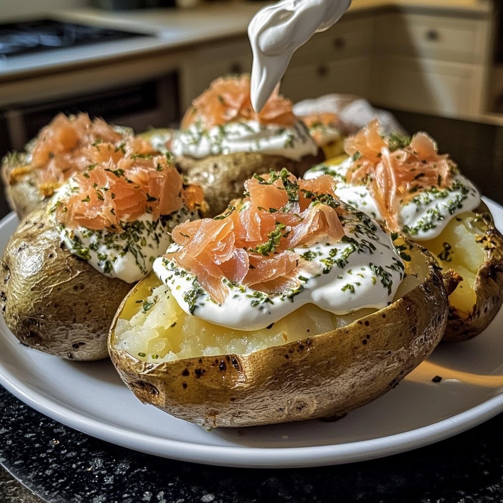 Loaded Baked Potatoes with Herb Cream and Smoked Salmon